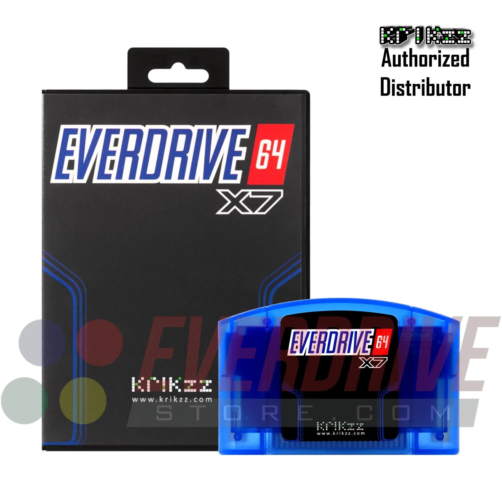 Everdrive 64 X7 - Frosted Blue by Krikzz for N64 in front of its case With Krikzz watermark 