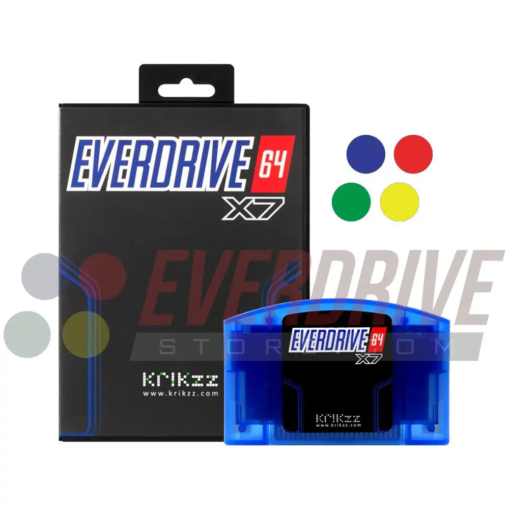 Everdrive 64 X7 - Frosted Blue by Krikzz for N64 in front of its case With EverdriveStore watermark 