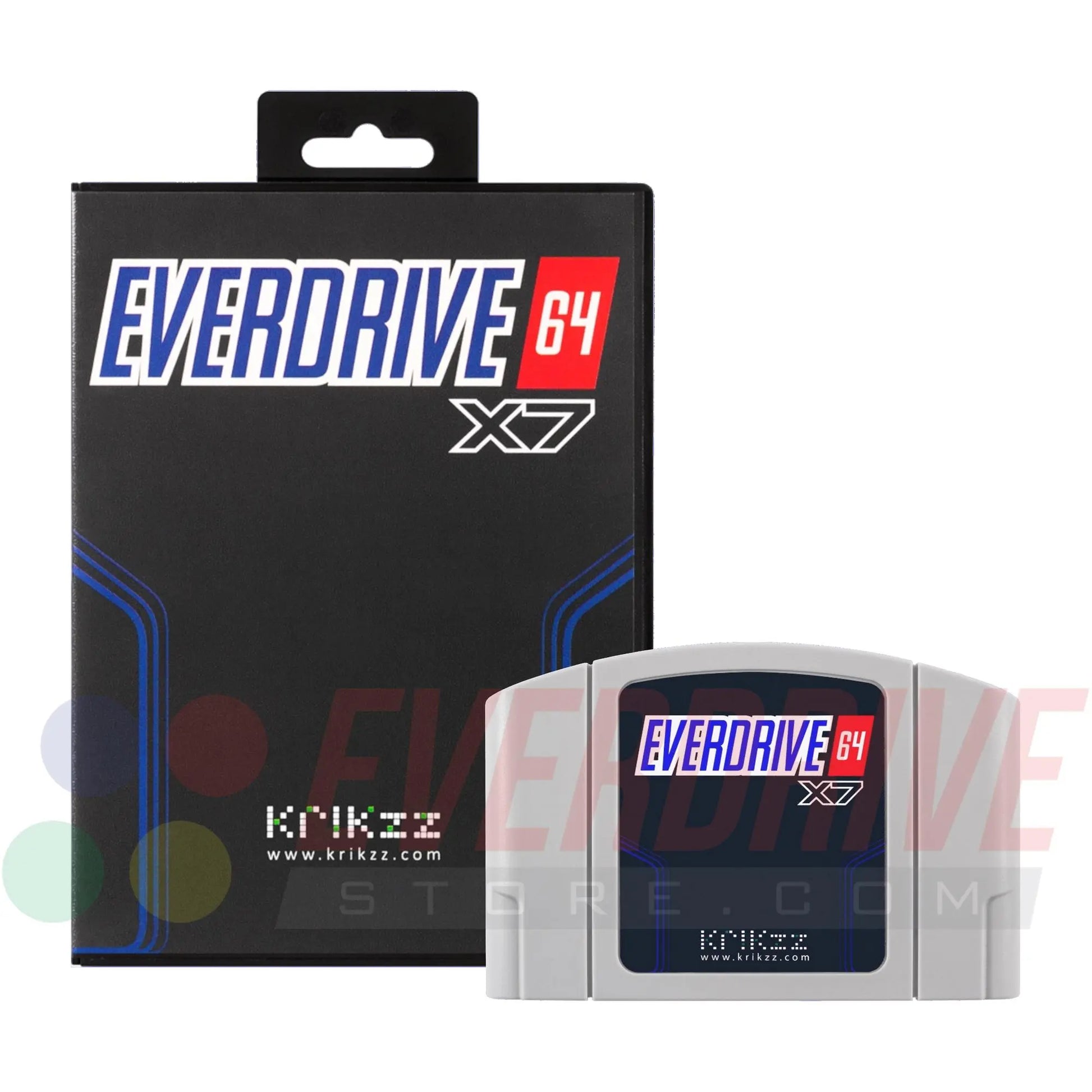 Everdrive 64 X7 - Gray by Krikzz for N64 in front of its case