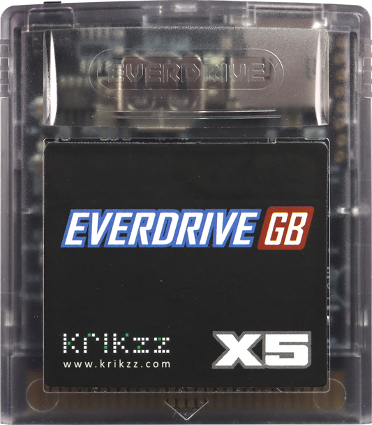 The image shows a black, glossy box with the Everdrive logo and "Everdrive GB X5" raised in white on the front. In front of the box is a dark grey, Game Boy cartridge-like device with smooth, matte finish and rounded edges. The box is sealed in plastic wrap.
